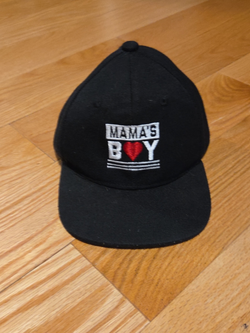 Mama's Boy Black Kids Cap with Red Heart Embroidery